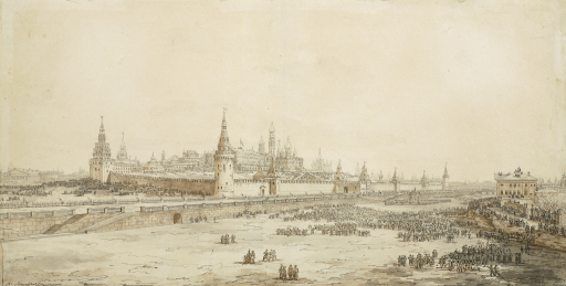 Вид Кремля и Москвы-реки во время крещенского парада в присутствии императора Александра I