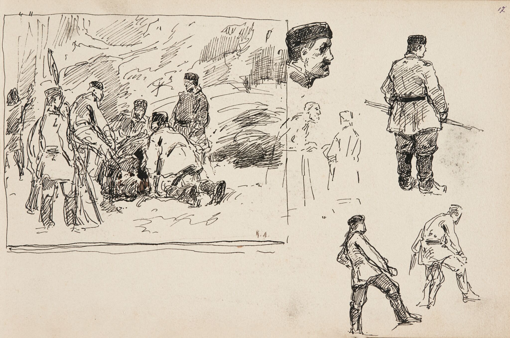Охота на медведя. Охотники, Klavdy Lebedev, early 1900s