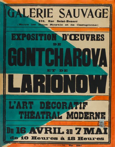 Афиша выставки в галерее Sauvage «Exposition d'oeuvres de Gontcharove et Larionow «L'Art Decoratif Theatral moderne»