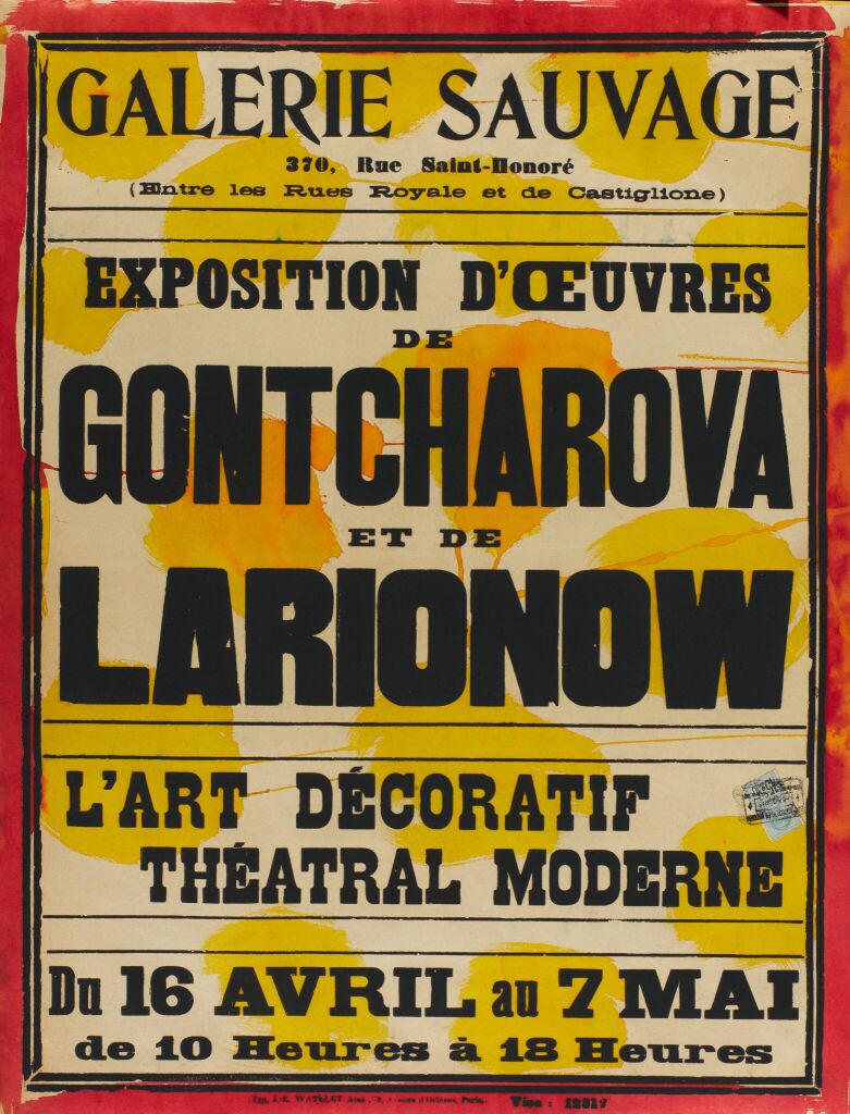 Афиша выставки в галерее Sauvage «Exposition d'oeuvres de Gontcharove et Larionow «L'Art Decoratif Theatral moderne»