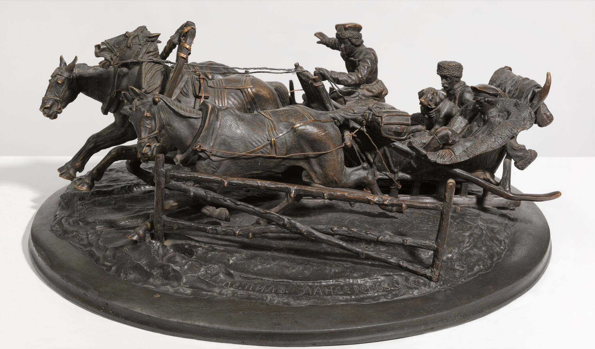 Тройка с двумя седоками, ямщиком и собакой, Yevgeny Lansere, 1868