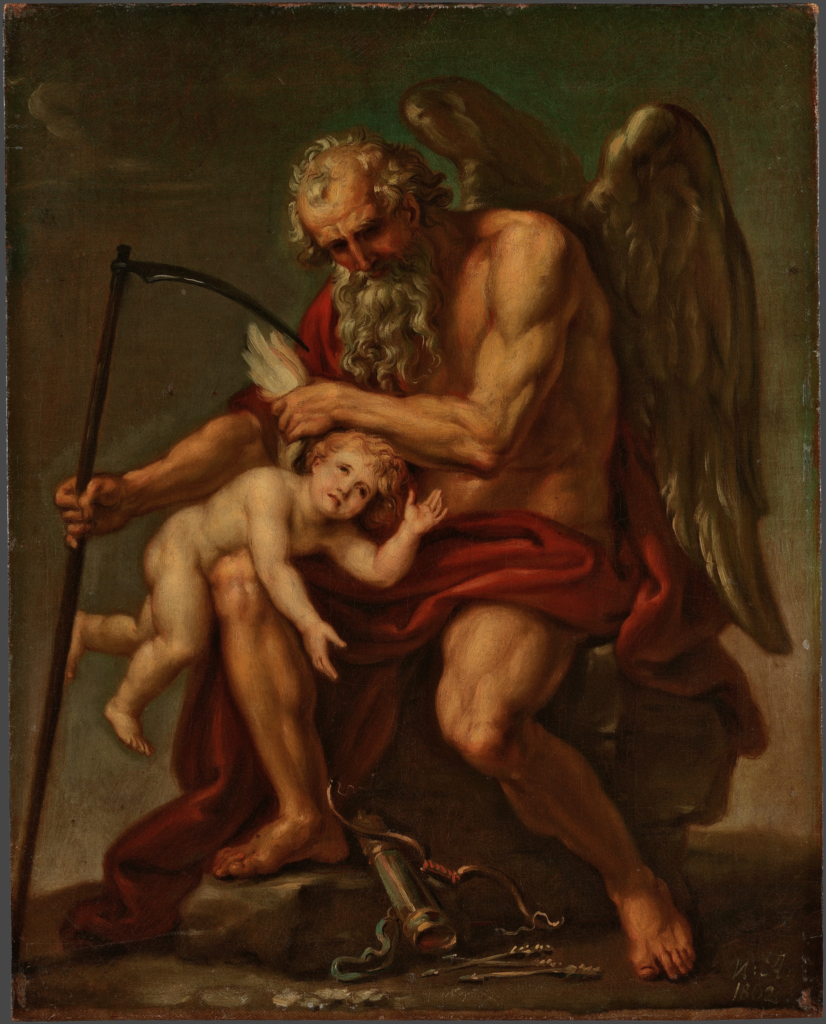 Сатурн с косой, сидящий на камне и обрезывающий крылья Амуру, Ivan Akimov, 1802