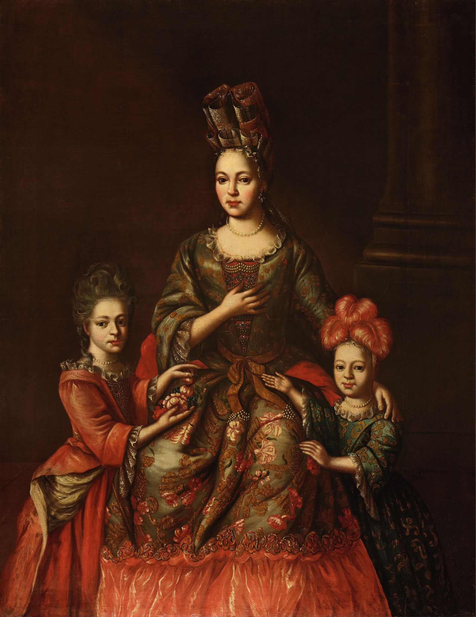 Портрет А.Я. Нарышкиной с детьми Александрой и Татьяной, Unknown artist, first quarter of the 18th century, between 1709 and 1715