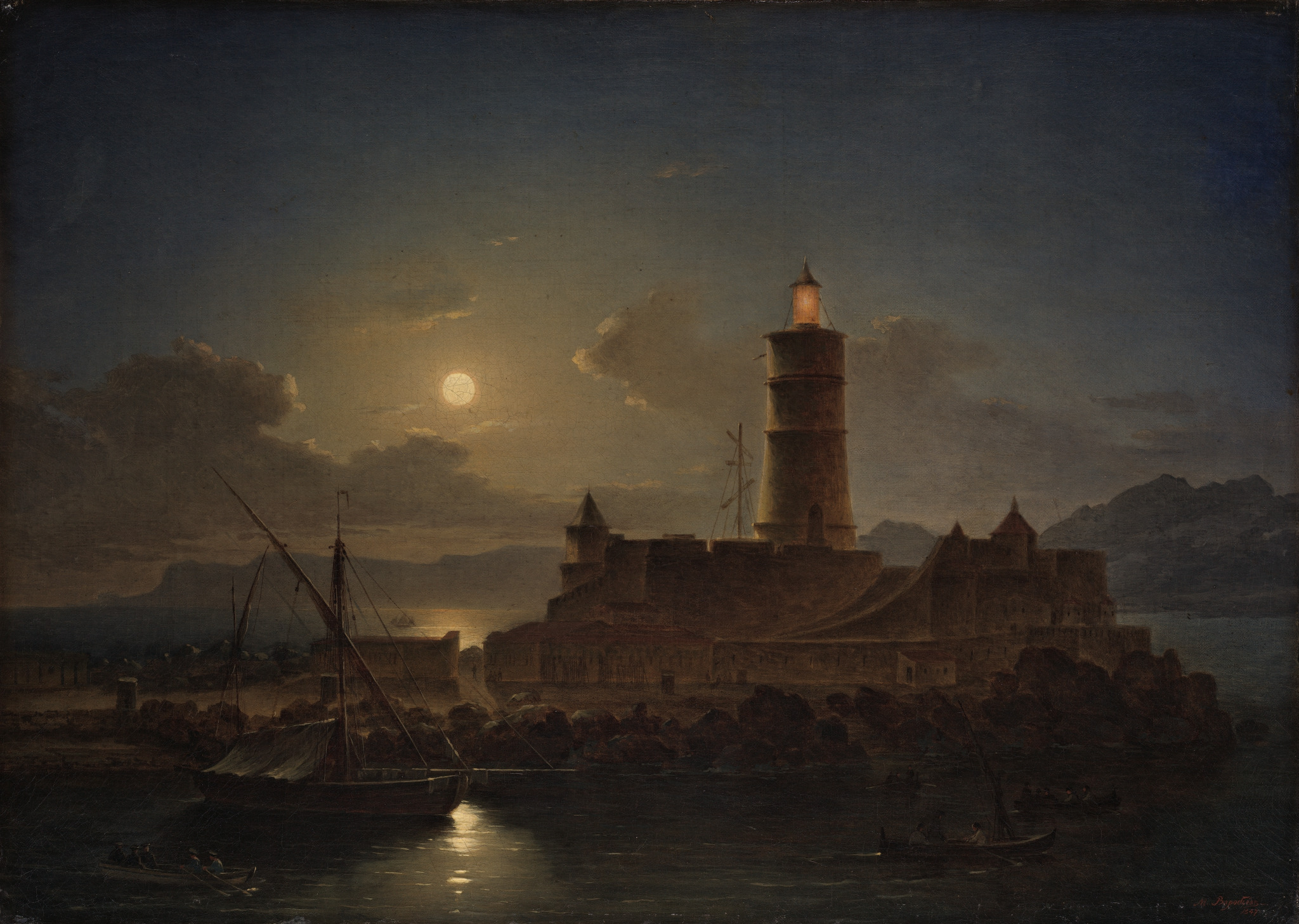 Итальянский вид ночью. Маяк в Палермо, Maxim Vorobiev, 1847