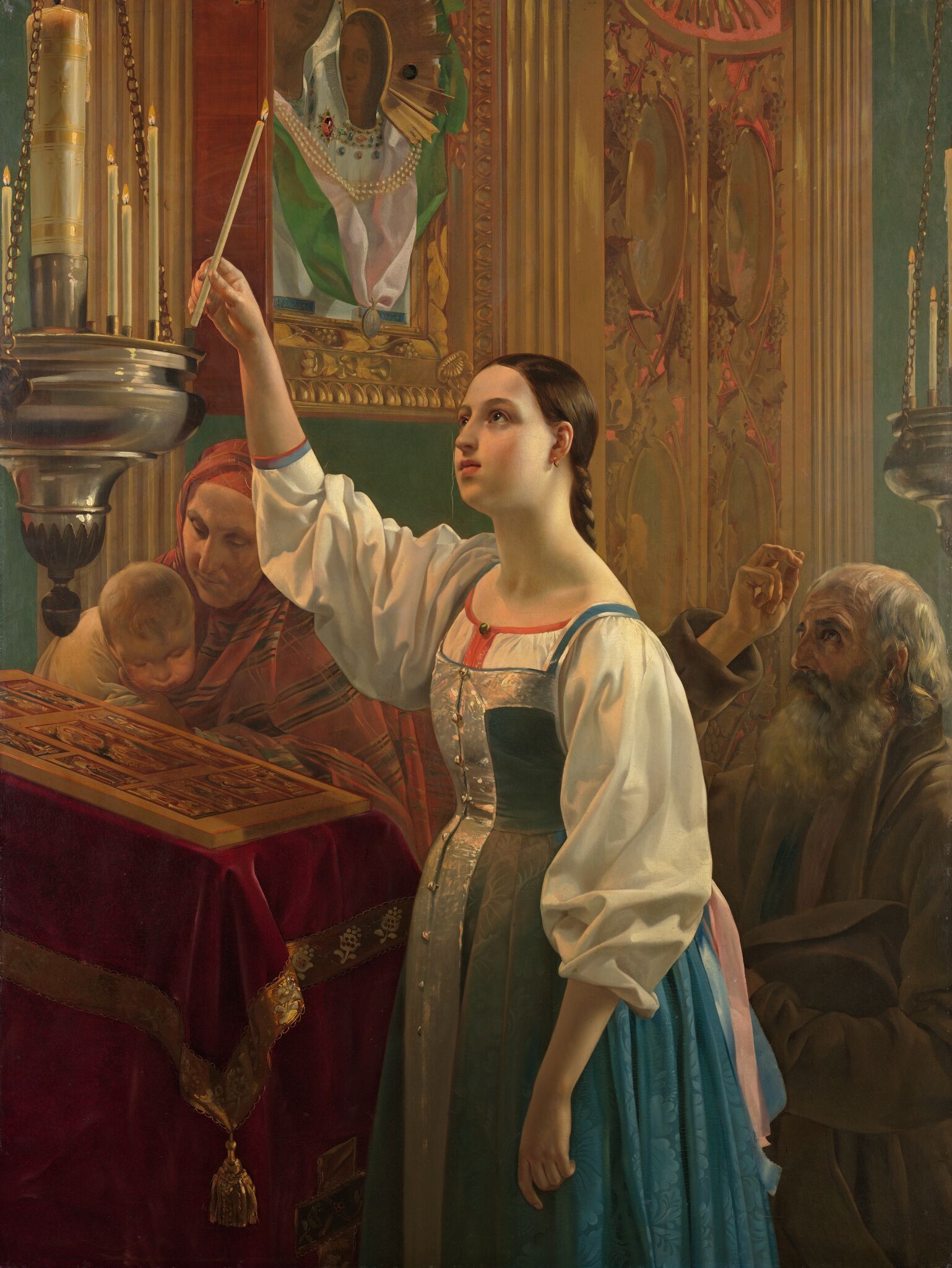 Девушка, ставящая свечу перед образом, Grigoriy Mikhaylov, 1842