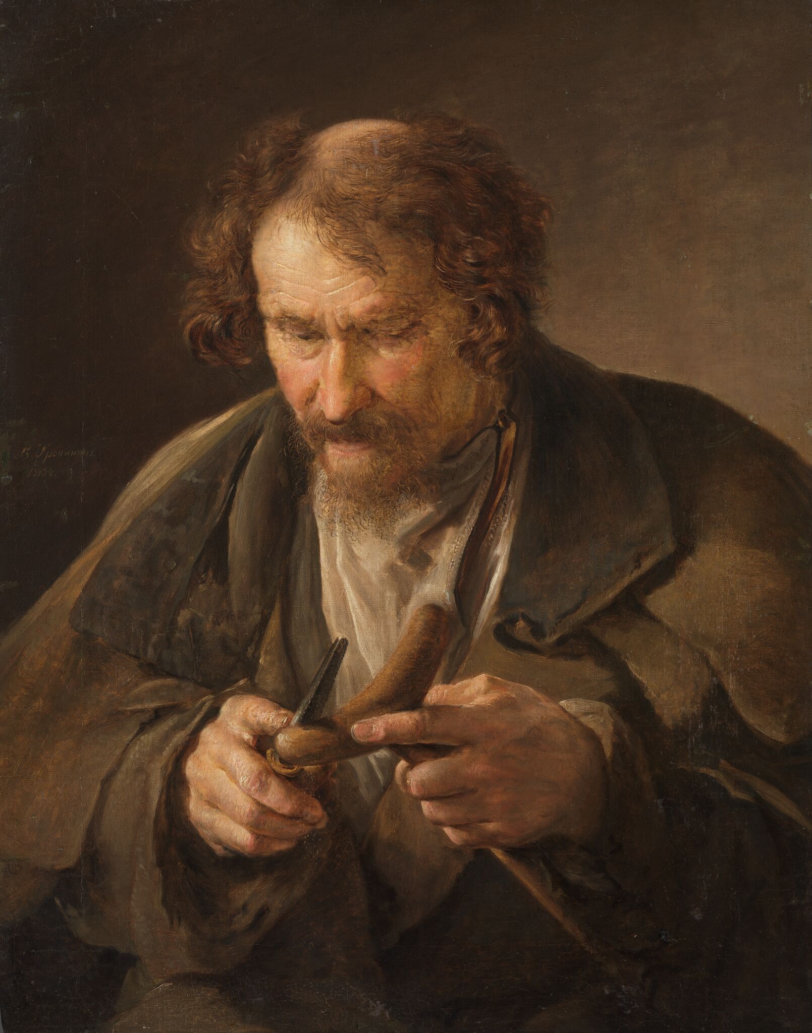 Крестьянин, обстругивающий костыль, Vasily Andreevich Tropinin, 1834