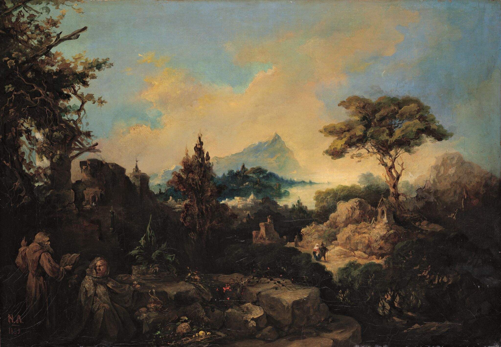 Итальянский пейзаж с двумя отшельниками, Nikolay Lomtev, 1859