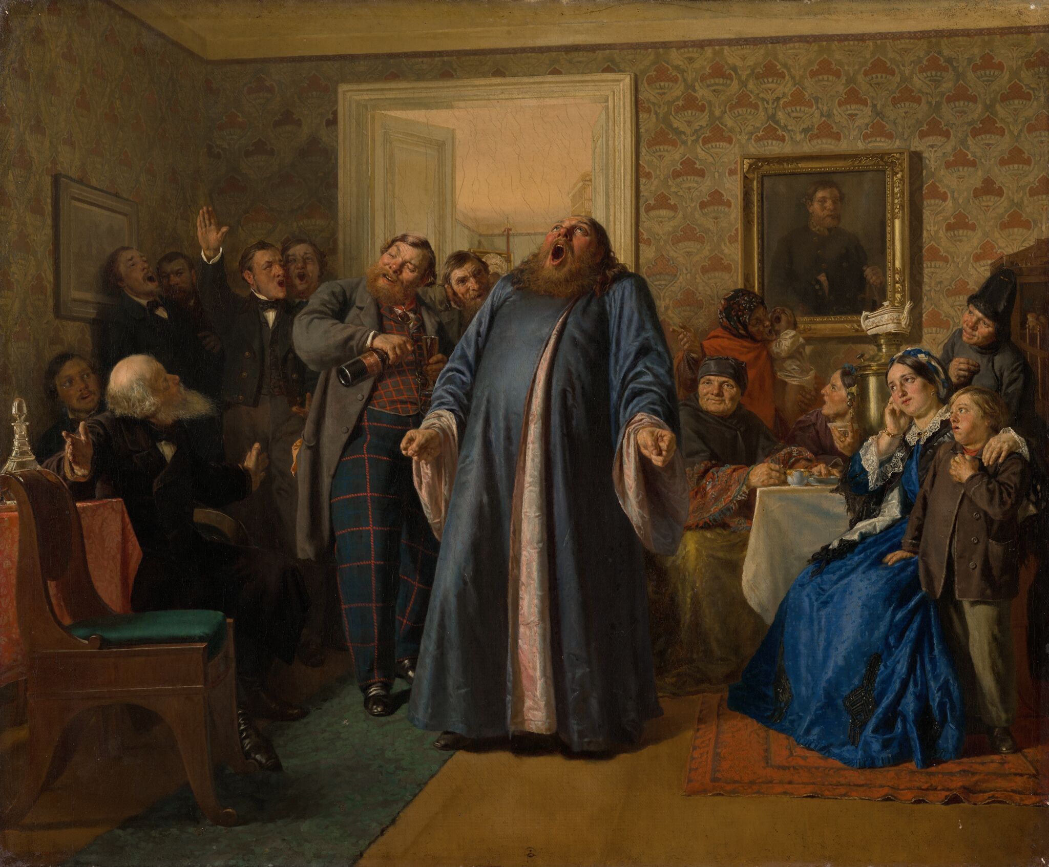 Протодиакон, провозглашающий на купеческих именинах многолетие, Nikolai Nevrev, 1866