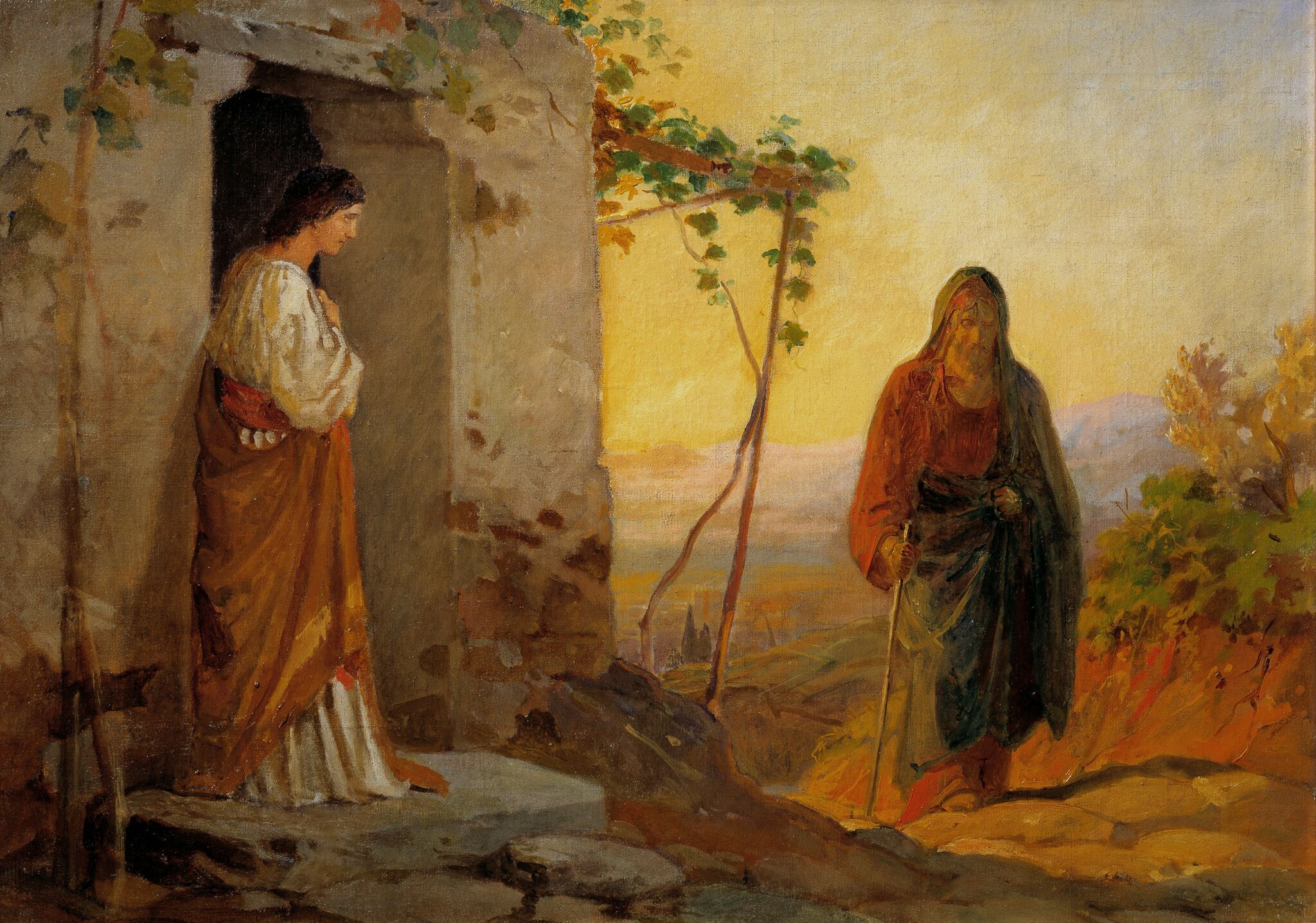 Мария, сестра Лазаря, встречает Иисуса Христа, идущего к ним в дом, Nikolai Ge, 1864