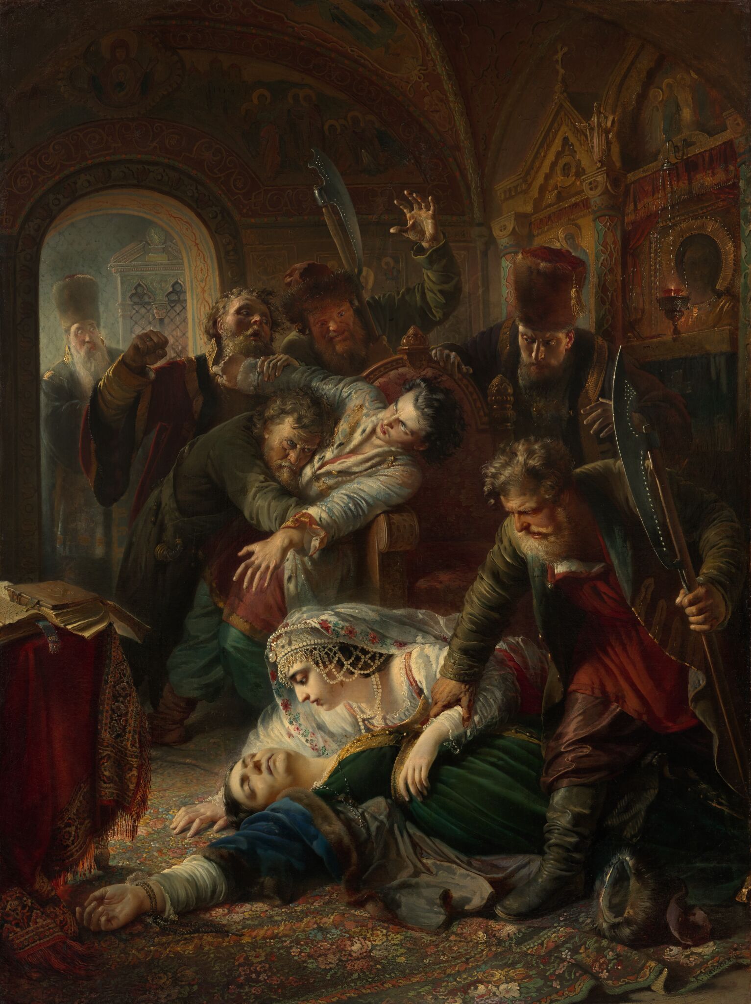 Агенты Дмитрия Самозванца убивают сына Бориса Годунова, Konstantin Makovsky, 1862