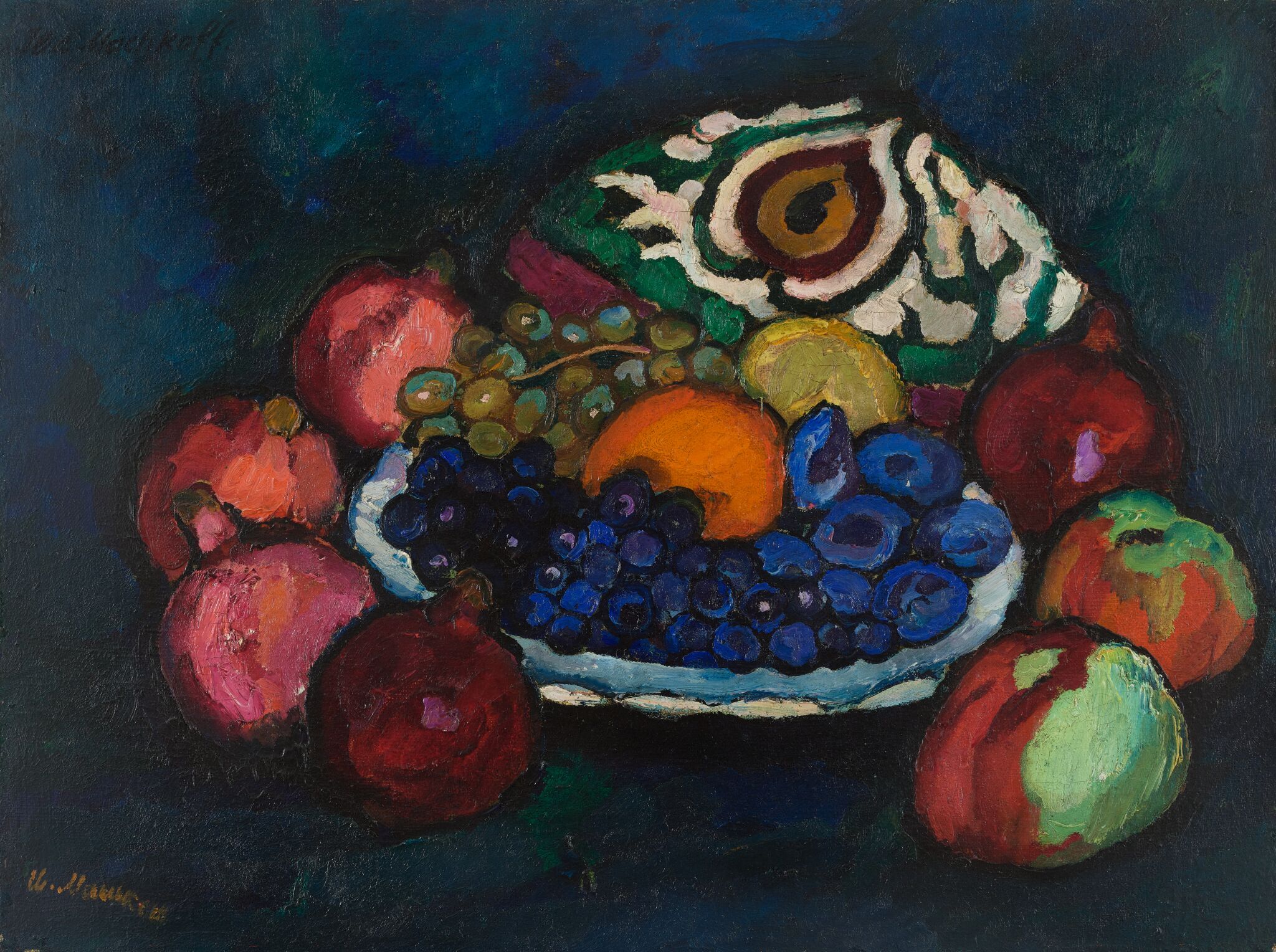 Натюрморт с гранатами, виноградом и тюбетейкой, Ilya Mashkov, 1909
