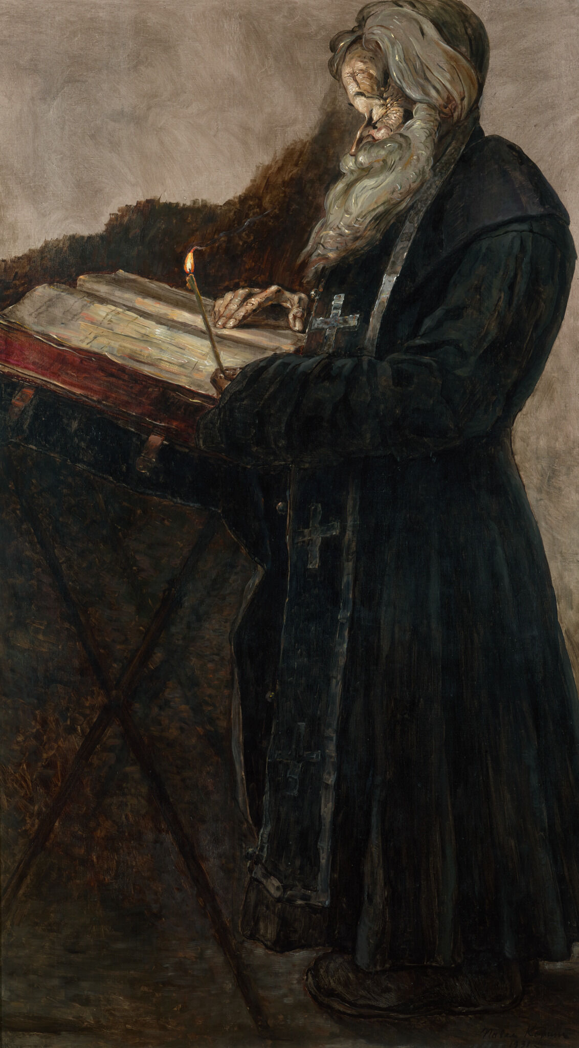 Священник у аналоя со свечой, Pavel Korin, 1931
