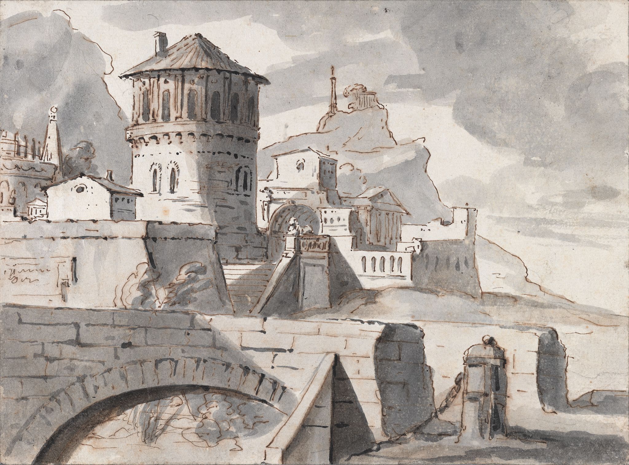 Архитектурная композиция с цилиндрической башней и аркой моста, Gabriel François Doyen, 1750s