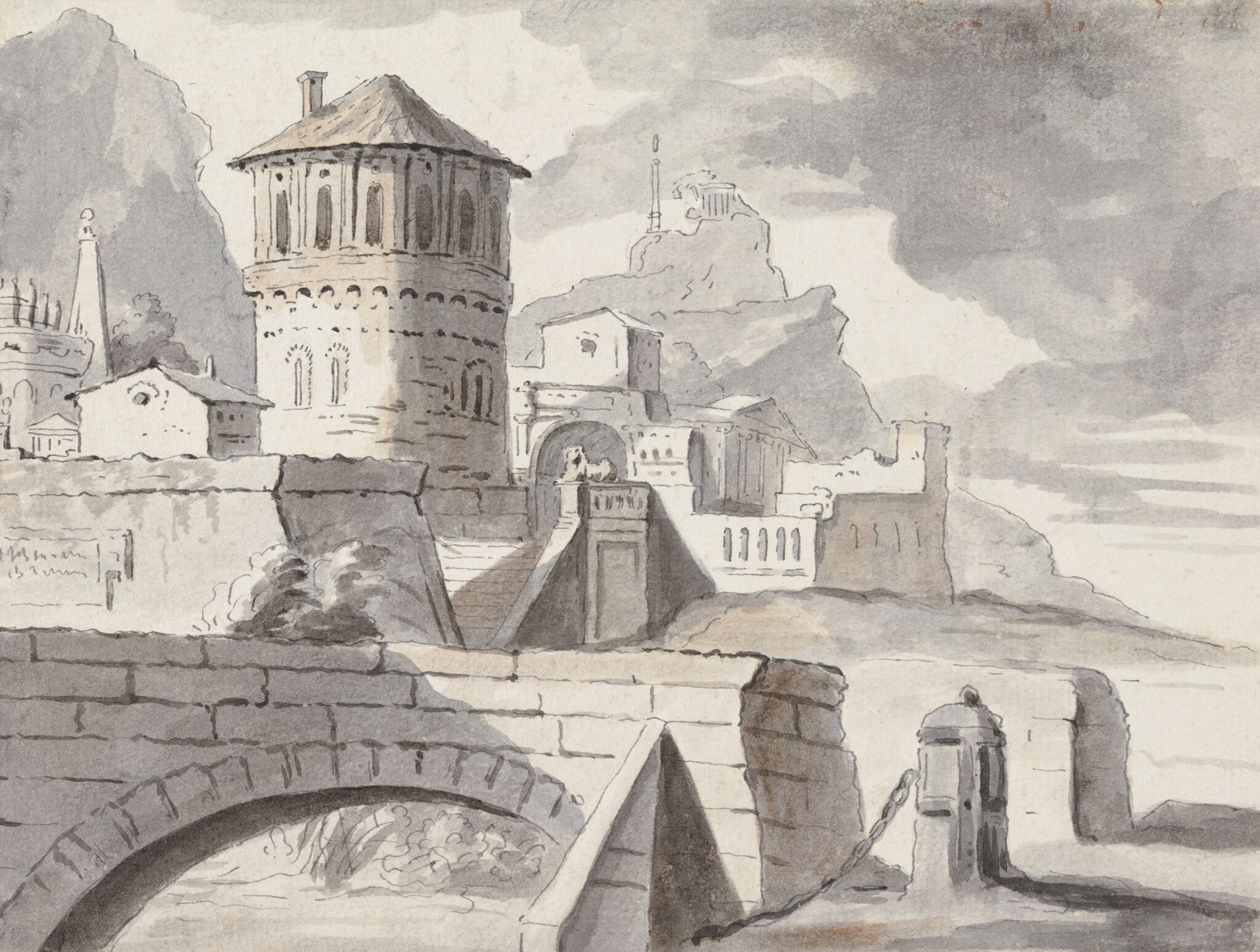 Архитектурная композиция с цилиндрической башней и аркой моста, Gabriel François Doyen, 1750s