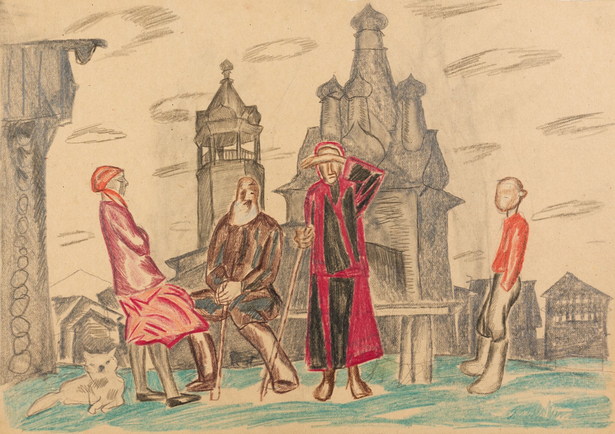 В селе. Крестьяне на фоне храма, Victor Popkov, 1969