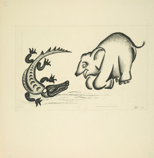 Иллюстрации к «Сказке о любопытном слоненке» Р.Киплинга. 1922. Изд.: Берлин, «Швелн», 1922 (на идише). Слоненок спрашивает крокодила, что тот ест на завтрак