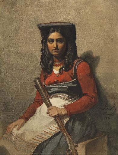 Итальянка в красной кофте с ружьем в руке