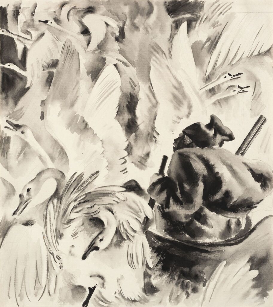 Охотник и лебеди. Иллюстрация к рассказу А. Кожевникова «Лопаренок Олеса»
