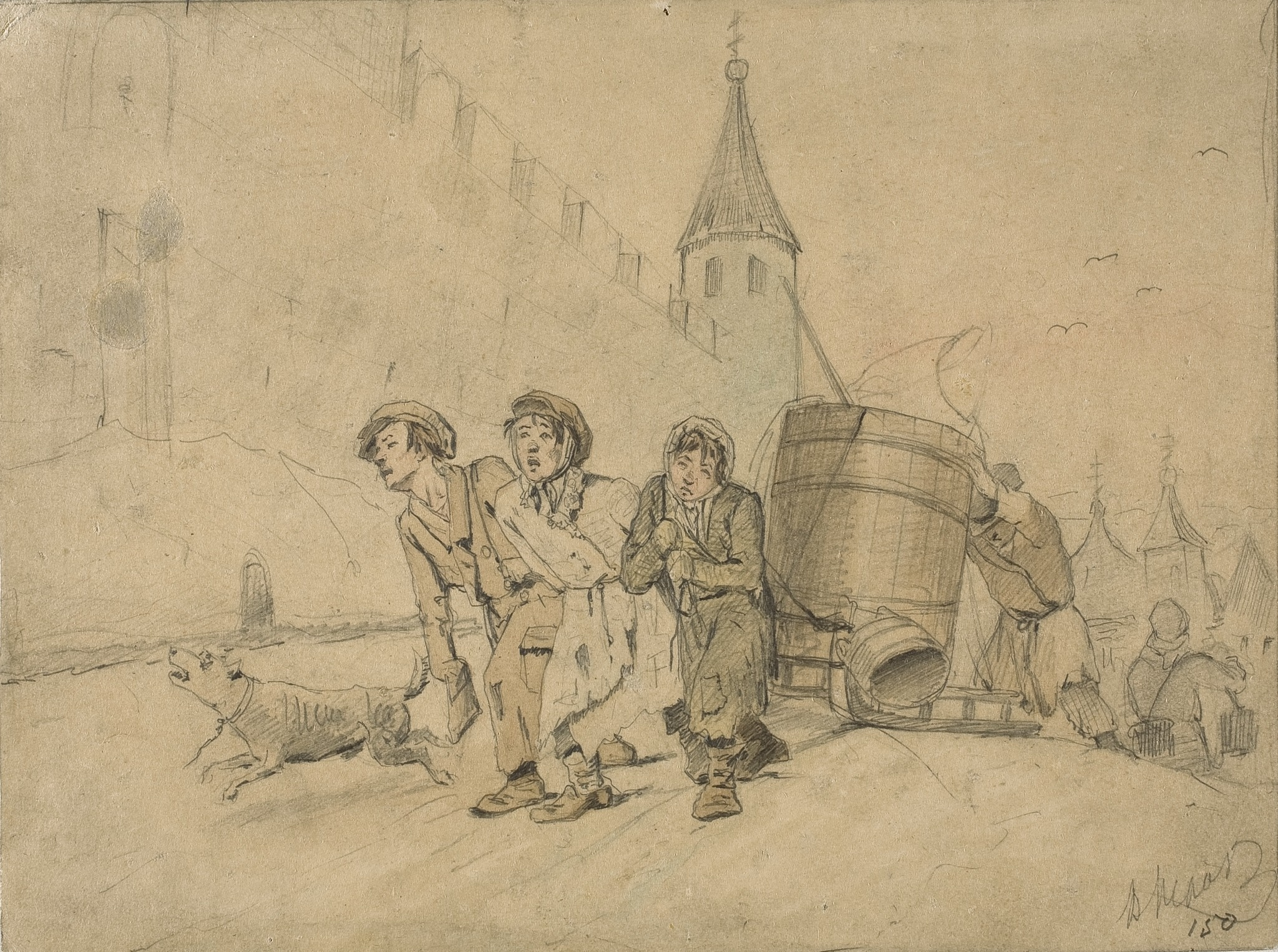 Тройка, ученики мастеровые везут воду. Эскиз одноименной картины (1866, ГТГ), Vasily Perov