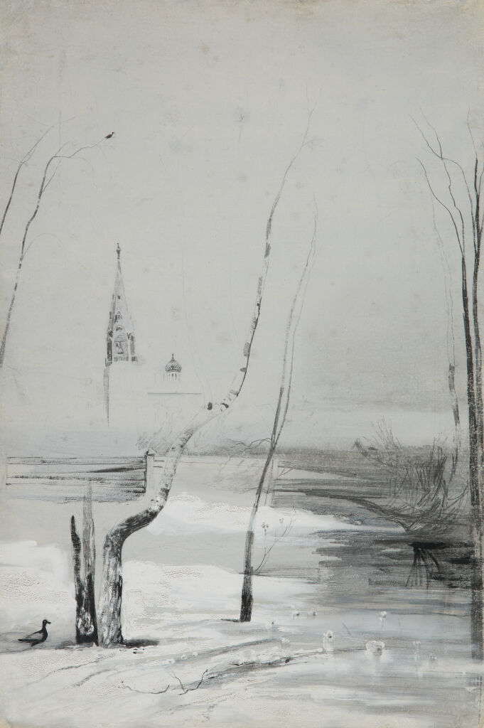 Пейзаж с церковью и колокольней. Эскиз-вариант картины «Грачи прилетели» (1871, ГТГ)