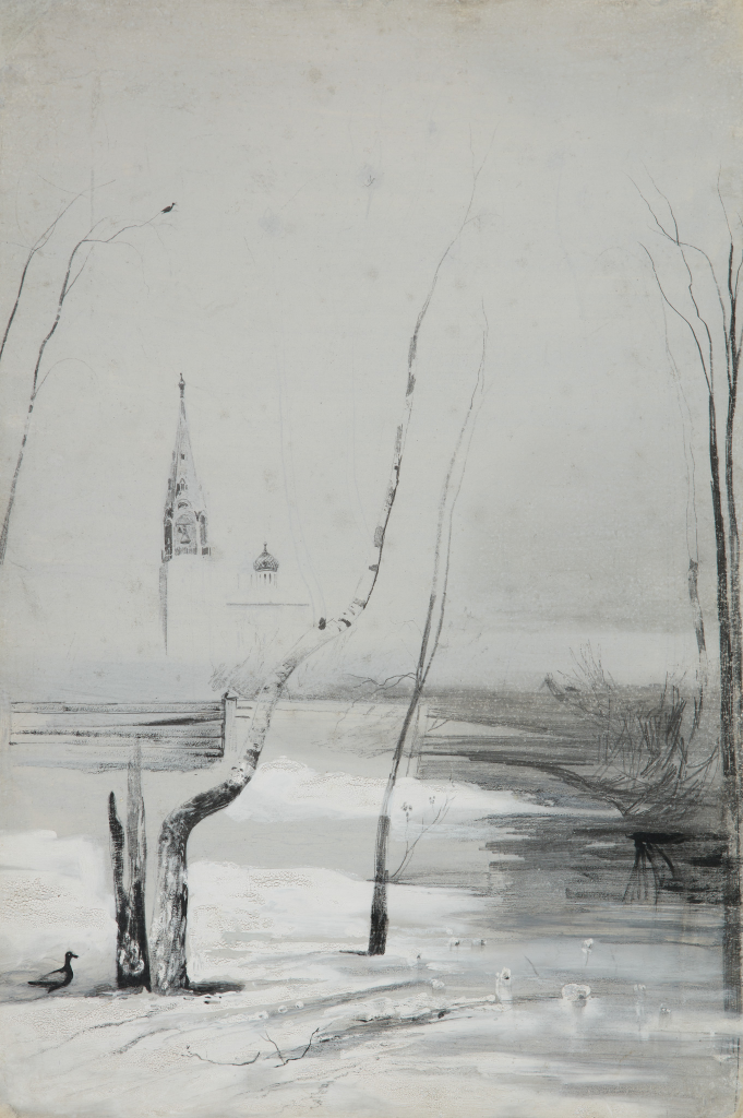 Пейзаж с церковью и колокольней. Эскиз-вариант картины “Грачи прилетели” (1871, ГТГ)