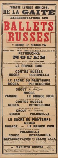 Афиша-программа выступлений «Русских балетов С. Дягилева» в театре Гетэ Лирик