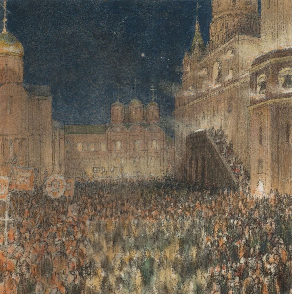 Пасхальная ночь в Кремле в  Москве. Крестный ход