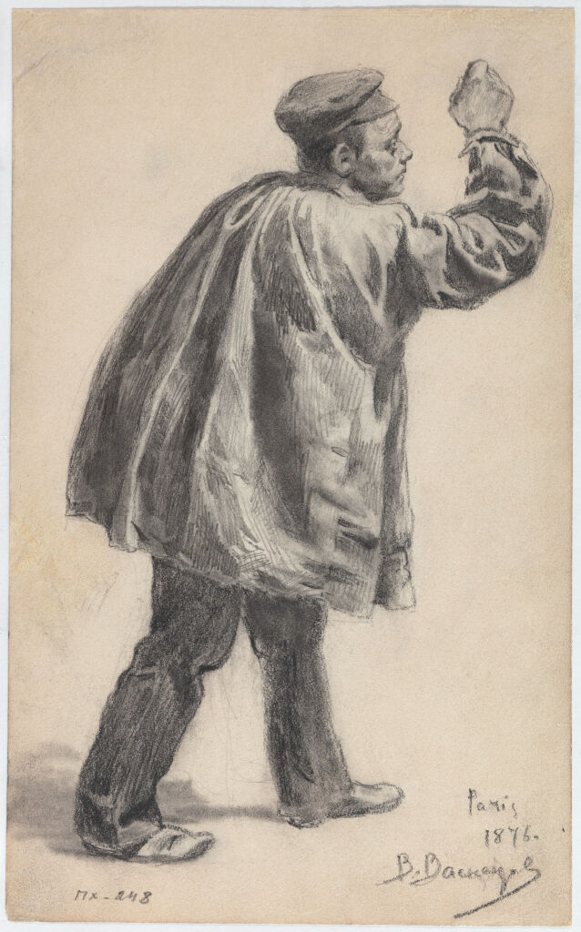 Французский рабочий в кепи с поднятой рукой